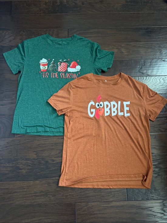 Tops - Womens Pair of Holiday Tees-- 'Gobble' Orange Graphic Tee/XMAS Green Graphic Tee